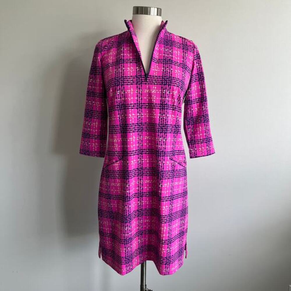 Katherine Way Golf Dress Quarter Zip Pocket Front Pink Navy Cream Plaid XS‎